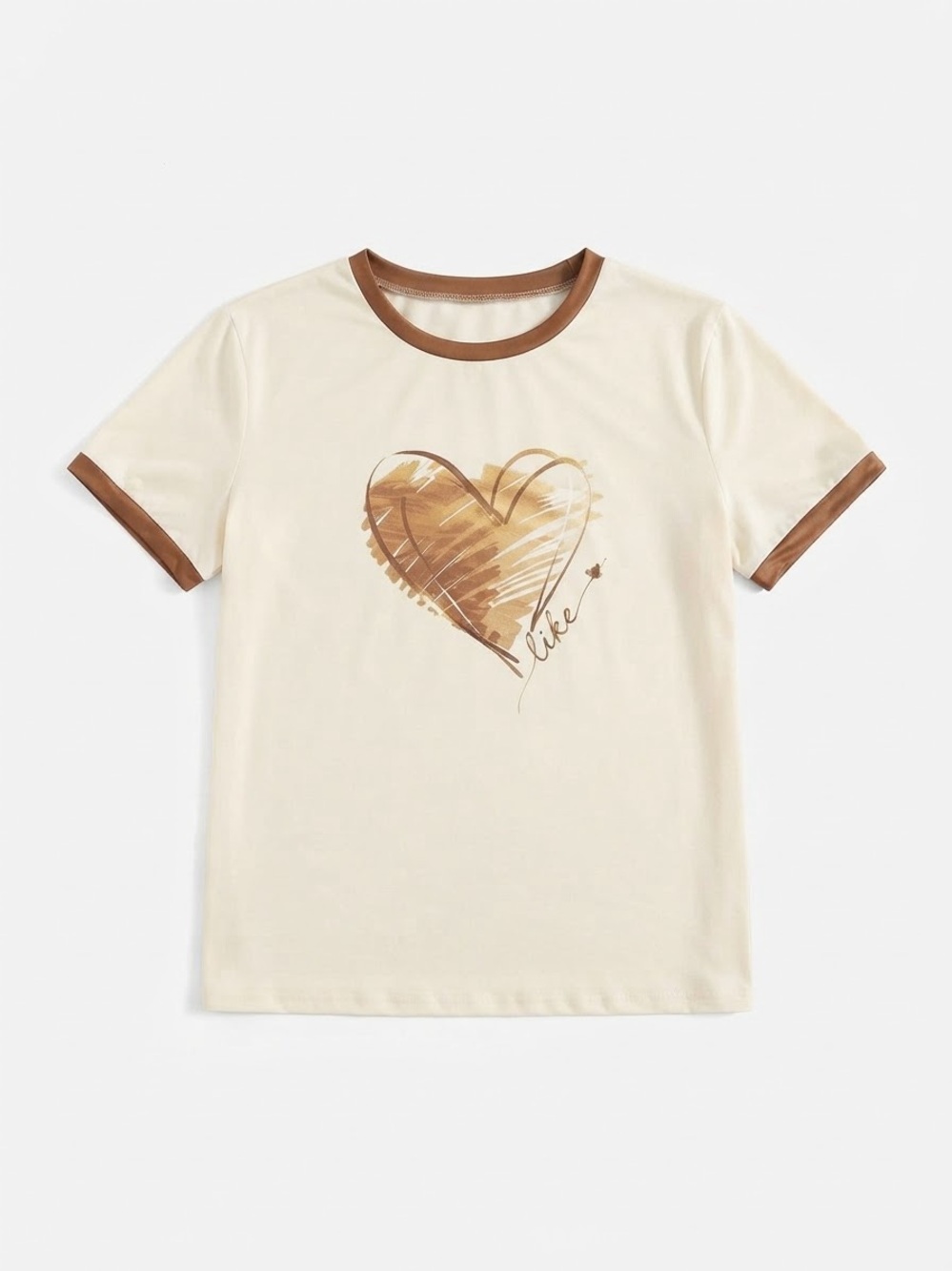 Cream & Brown Heart Graphic Ringer Tee - Kids